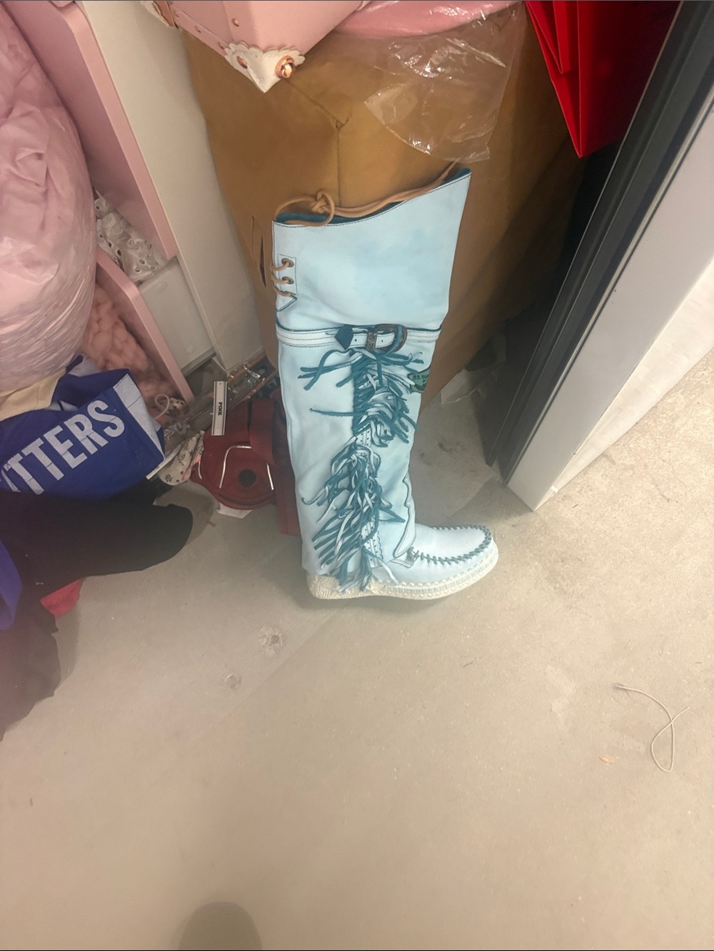 Free People Light Blue Over-the-Knee Fringe Boots